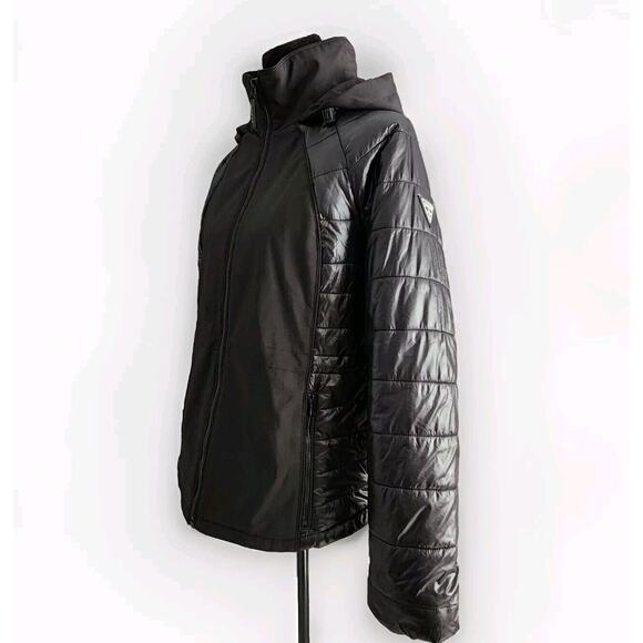 Women's GUESS Black Mixed Puffer softshell Hooded Zip Up Jacket Size L High Low - Picture 2 of 10